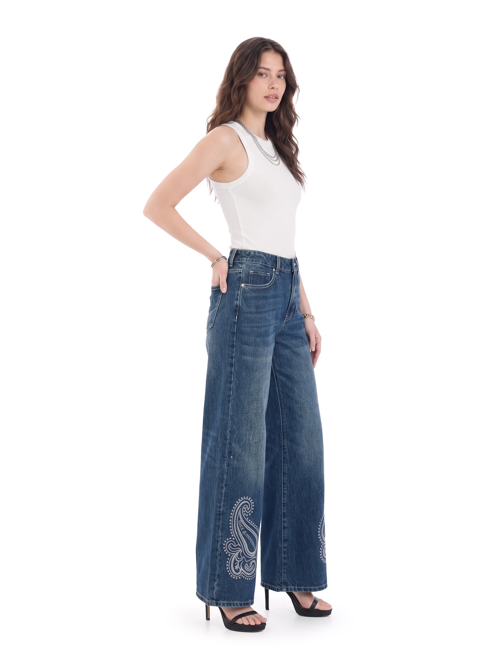 Kendall Paisley Studded Wide Leg Jean