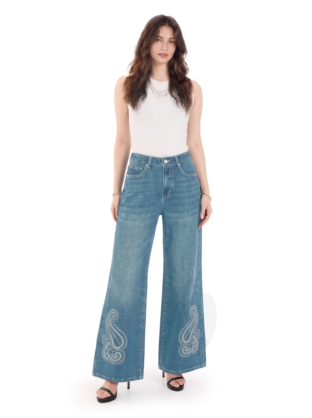 Kendall Paisley Studded Wide Leg Jean