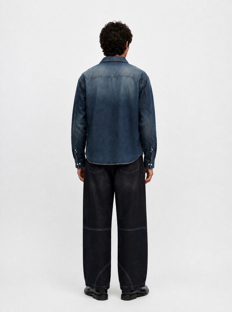 Rowan Embossed R Barrel Leg Jean