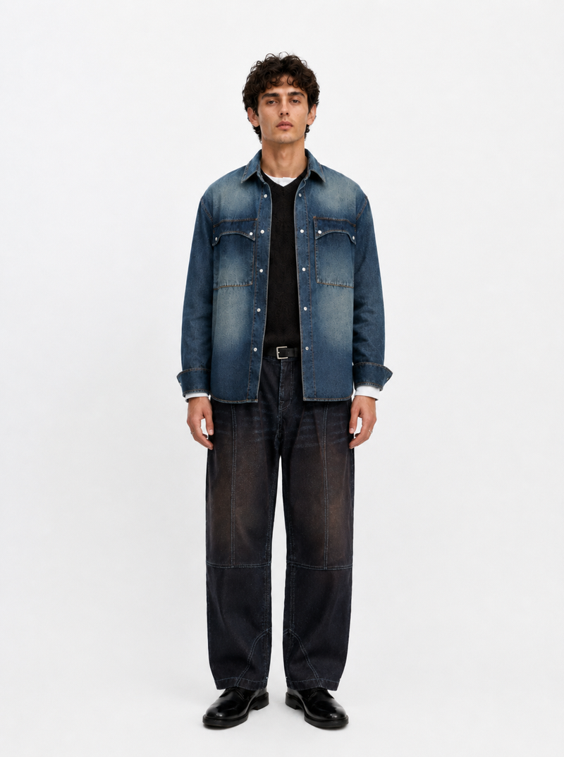 Rowan Embossed R Barrel Leg Jean