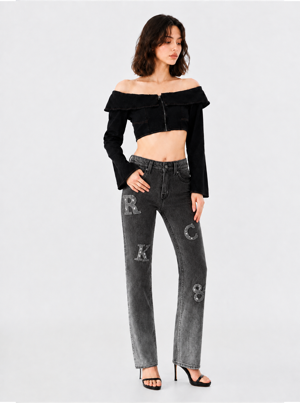 Kaia Mid Rise Rock Letter Straight Jean