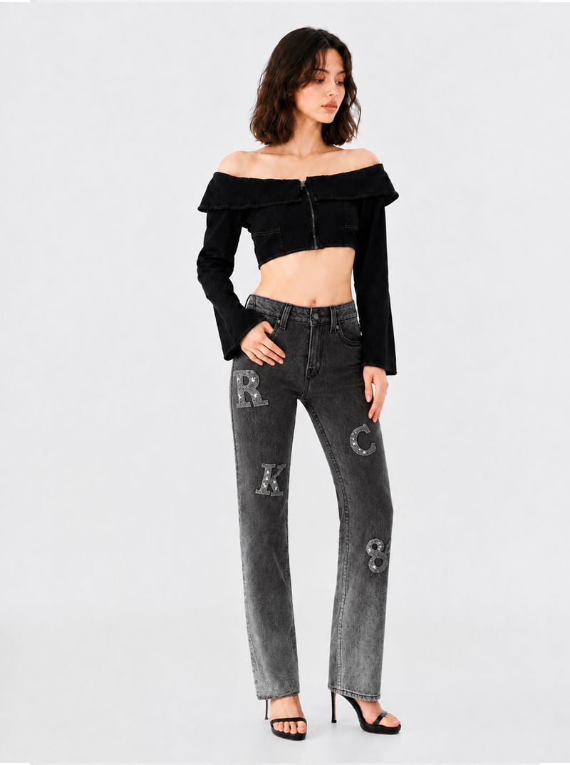 Kaia Mid Rise Rock Letter Straight Jean