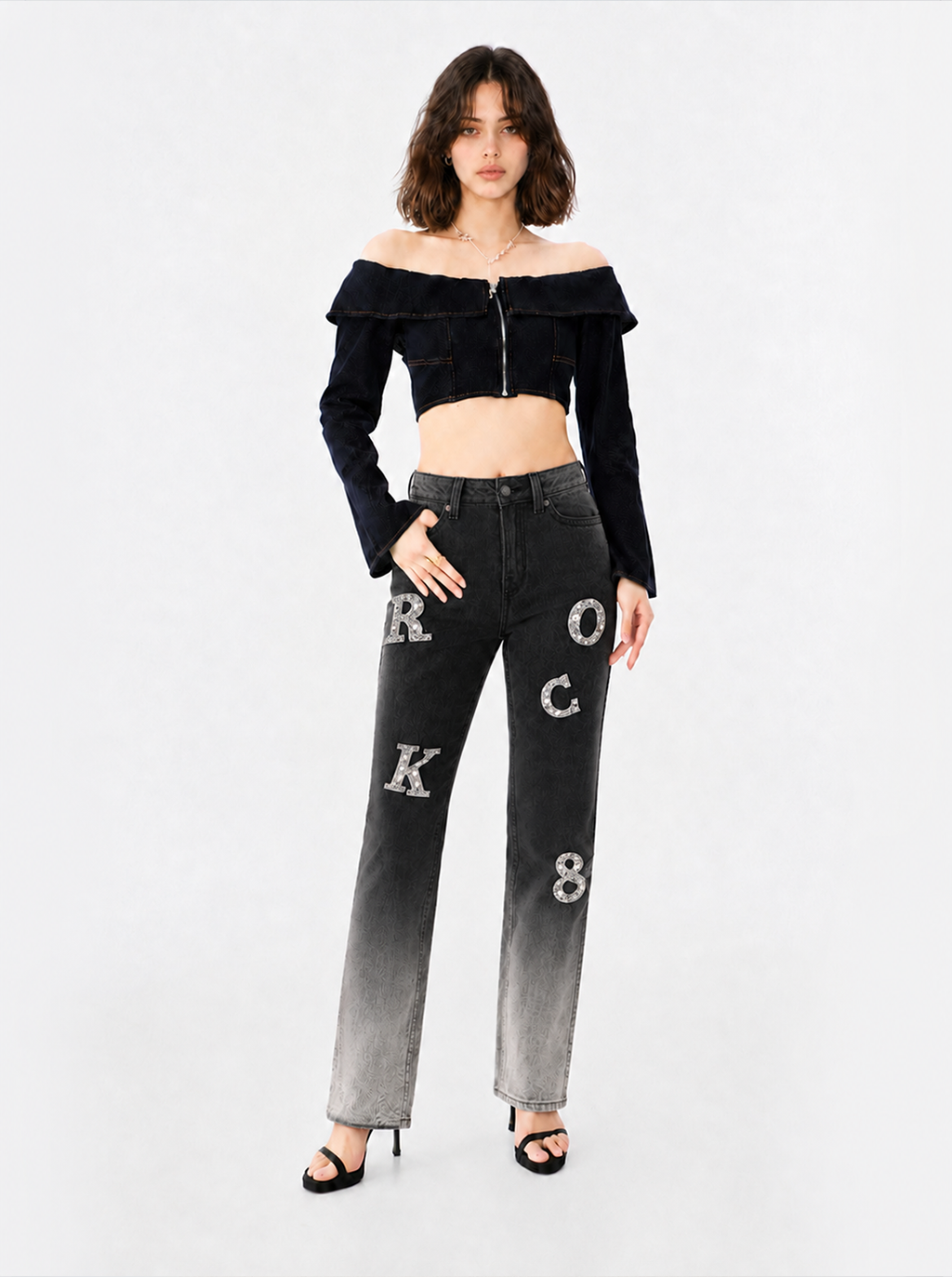 Kaia Mid Rise Rock Letter Straight Jean