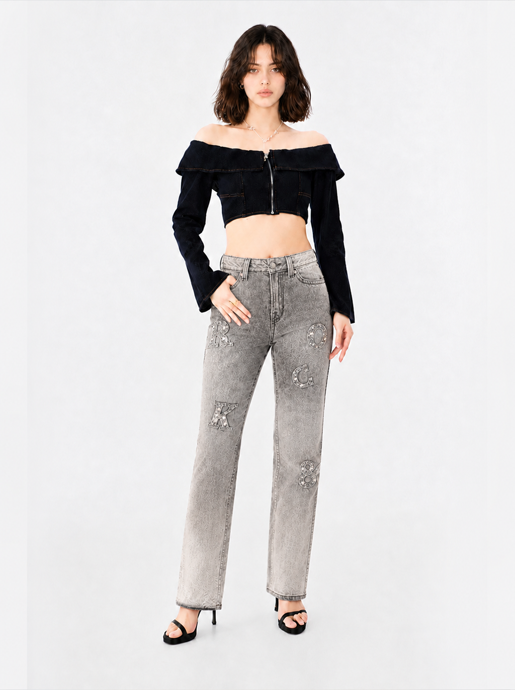 Kaia Mid Rise Rock Letter Straight Jean