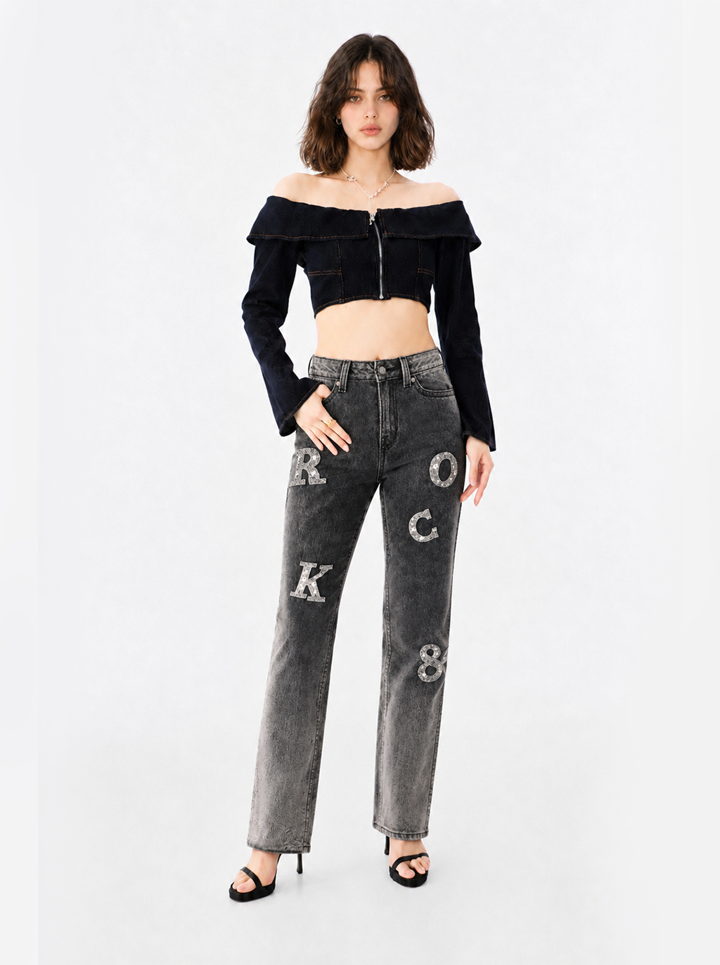 Kaia Mid Rise Rock Letter Straight Jean