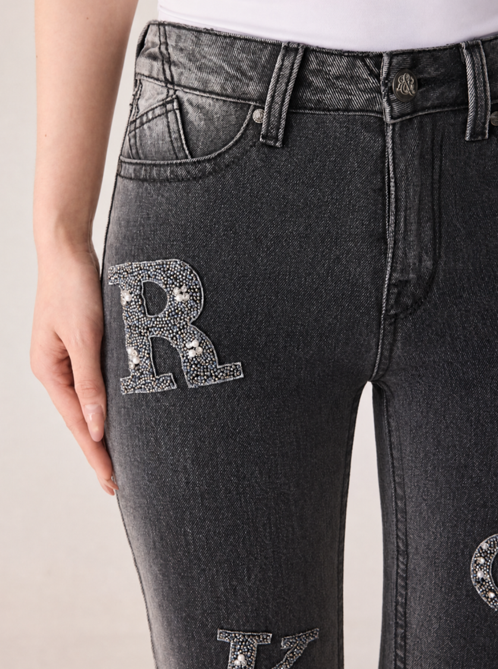 Kaia Mid Rise Rock Letter Straight Jean