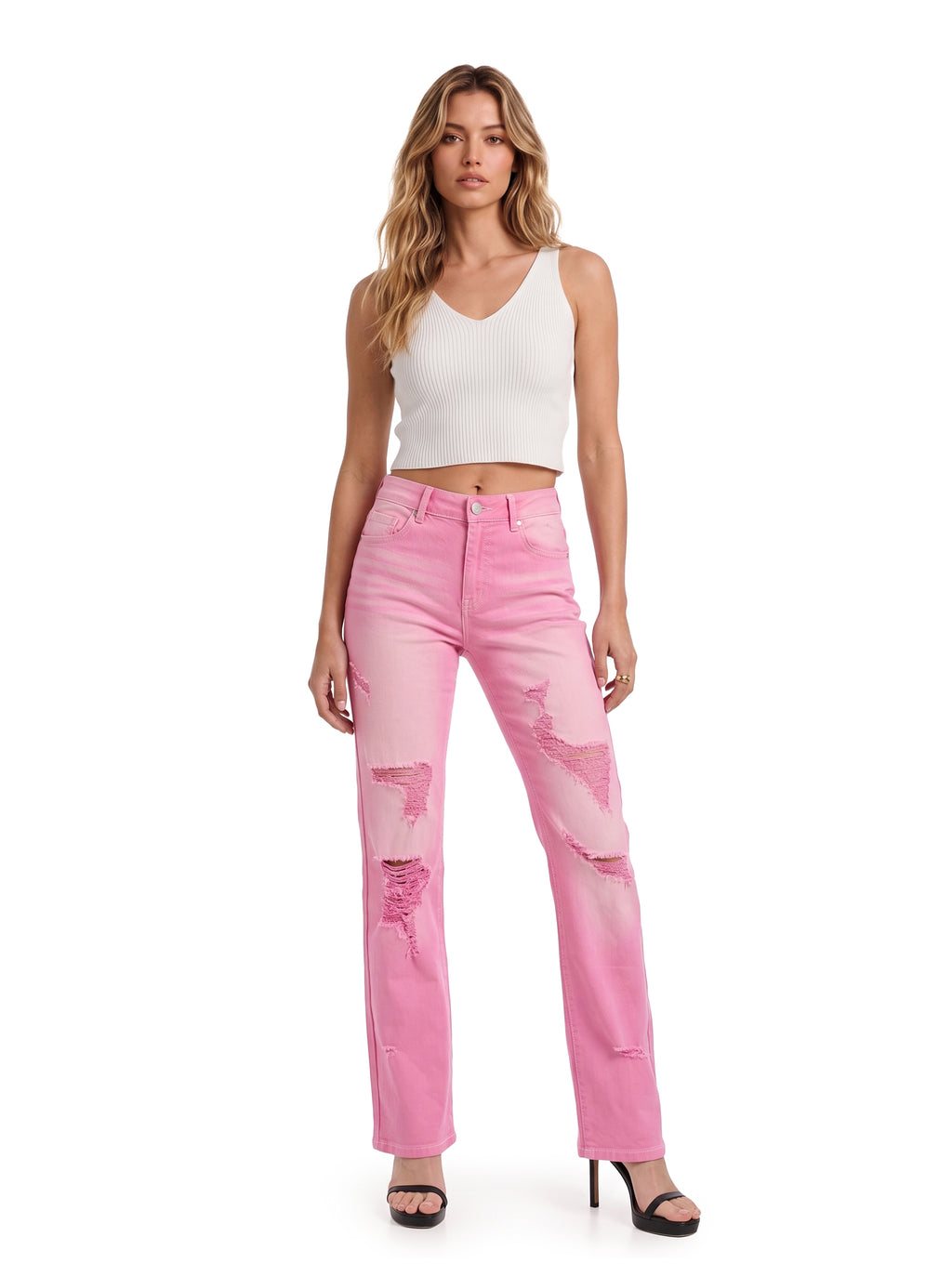 Kendall Shredded Pink Straight Jean