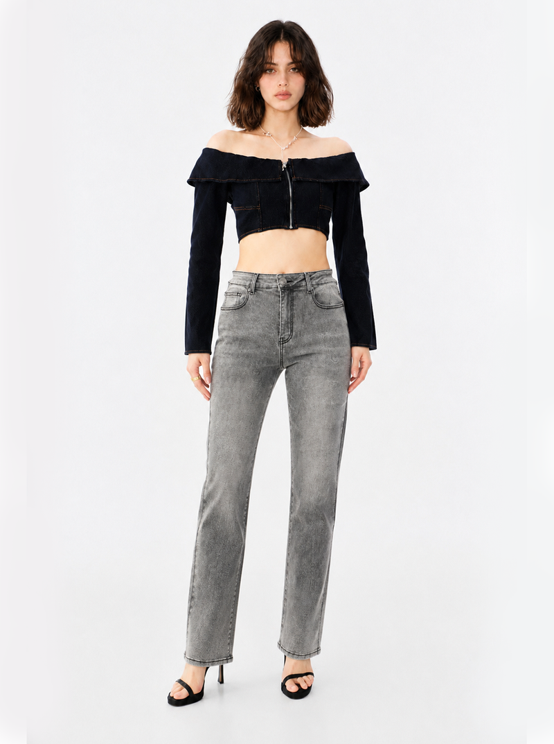 Kaia Mid Rise Contrast Back Pocket Straight Jean