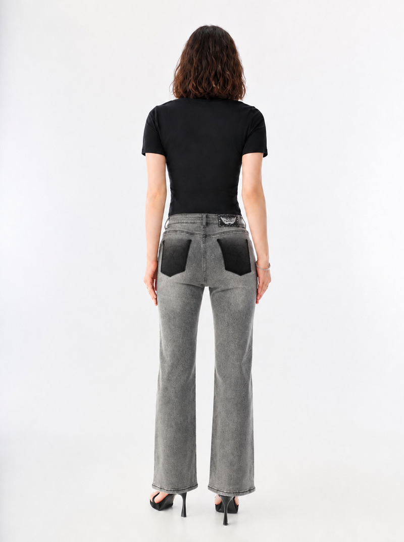 Kaia Mid Rise Contrast Back Pocket Straight Jean
