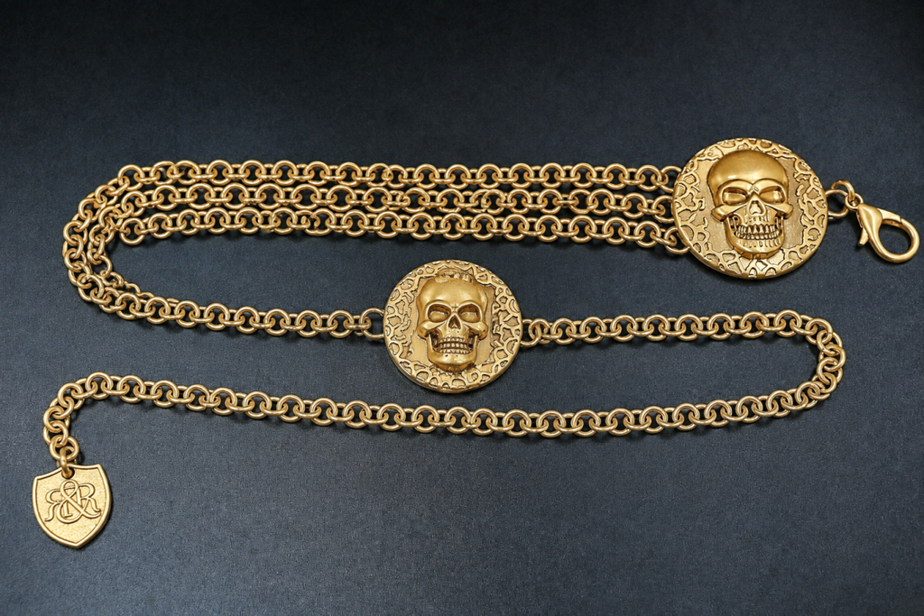 Chain-Embellished Skull Medallion Belt